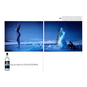 1993 Finlandia Vodka Savonlinna Ice Carving 2pg Vintage Print Ad Speedskater Art